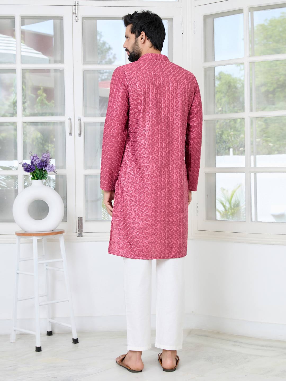 Red Thread Embroidered Straight Kurta with Pyjama with Pyjama