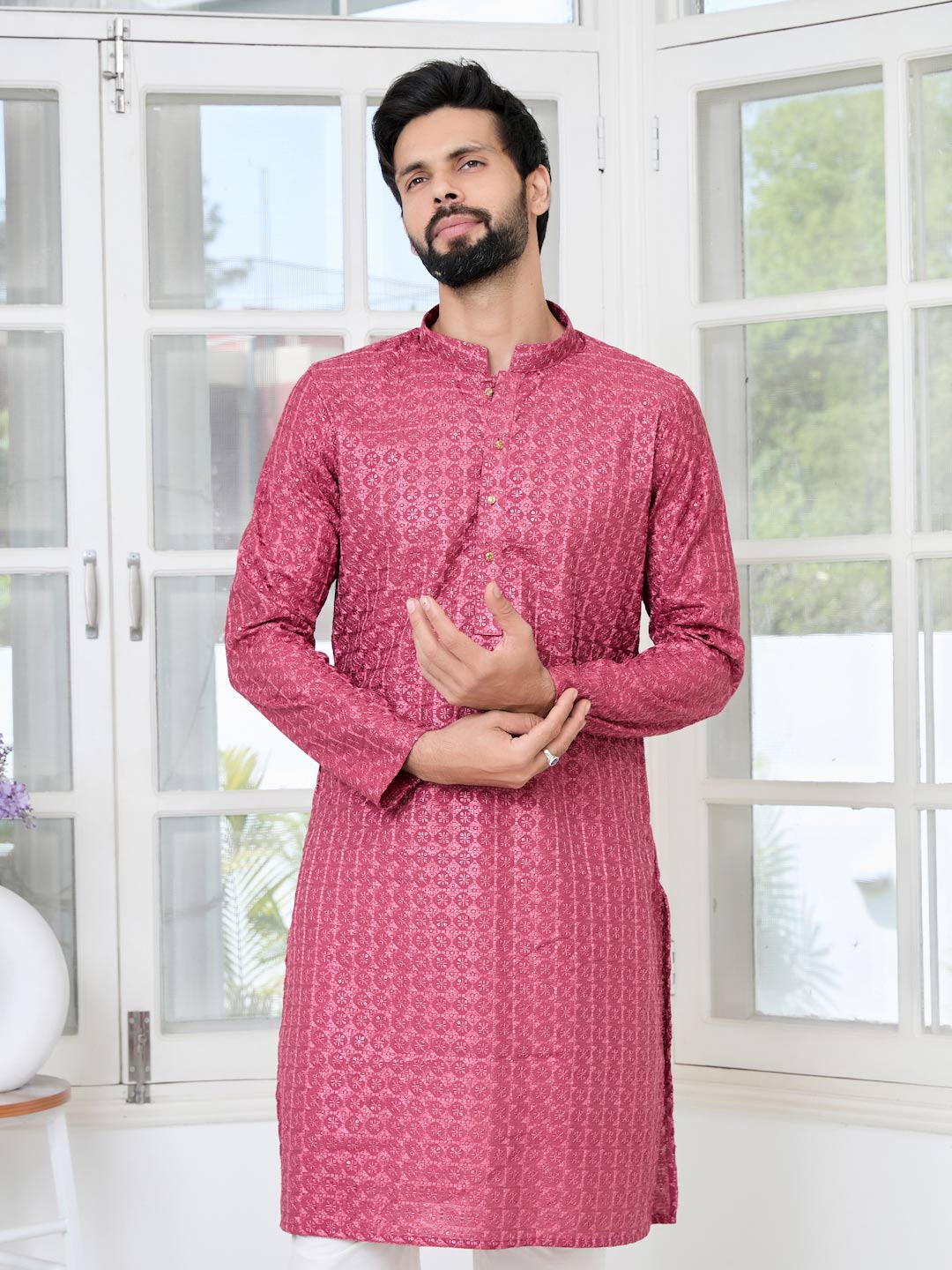Red Thread Embroidered Straight Kurta with Pyjama with Pyjama