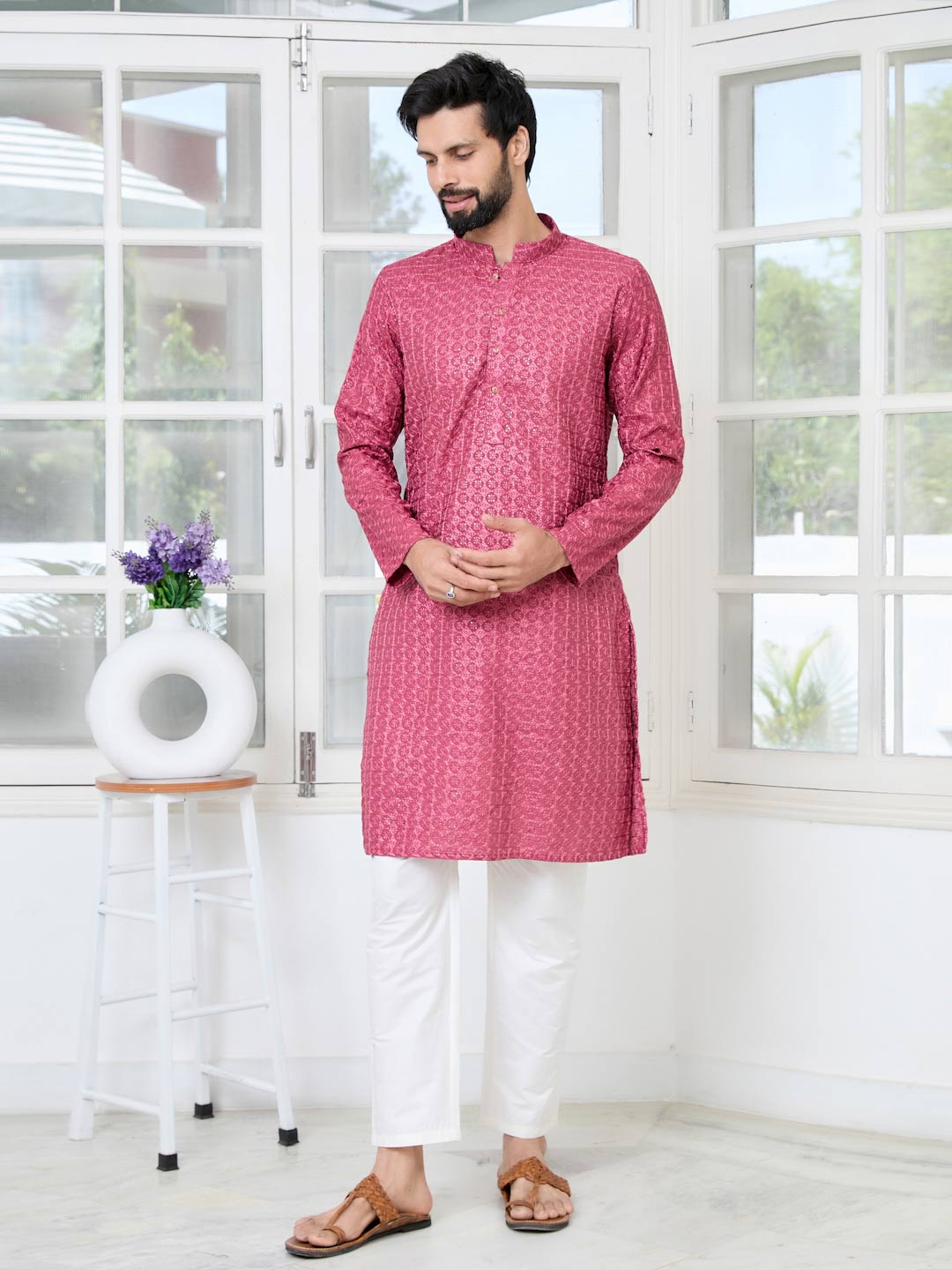 Red Thread Embroidered Straight Kurta with Pyjama with Pyjama