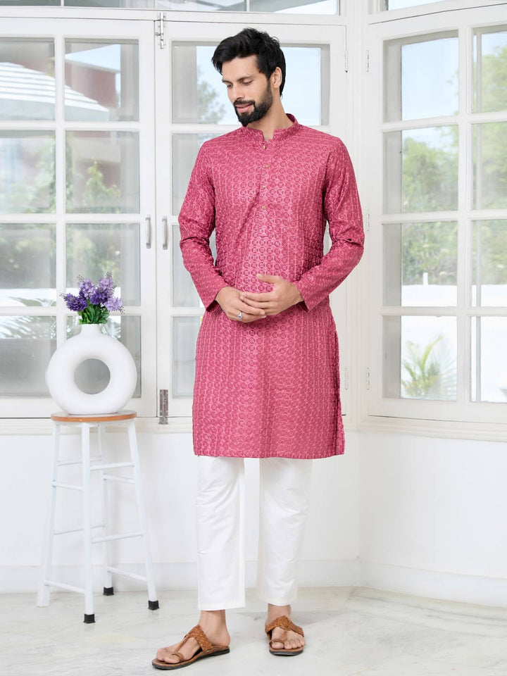 Red Thread Embroidered Straight Kurta with Pyjama with Pyjama