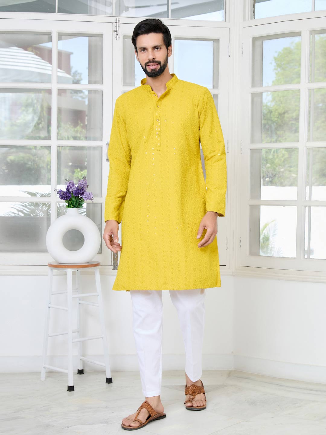Yellow Embroidered Rayon Straight Kurta with Pyjama with Pyjama