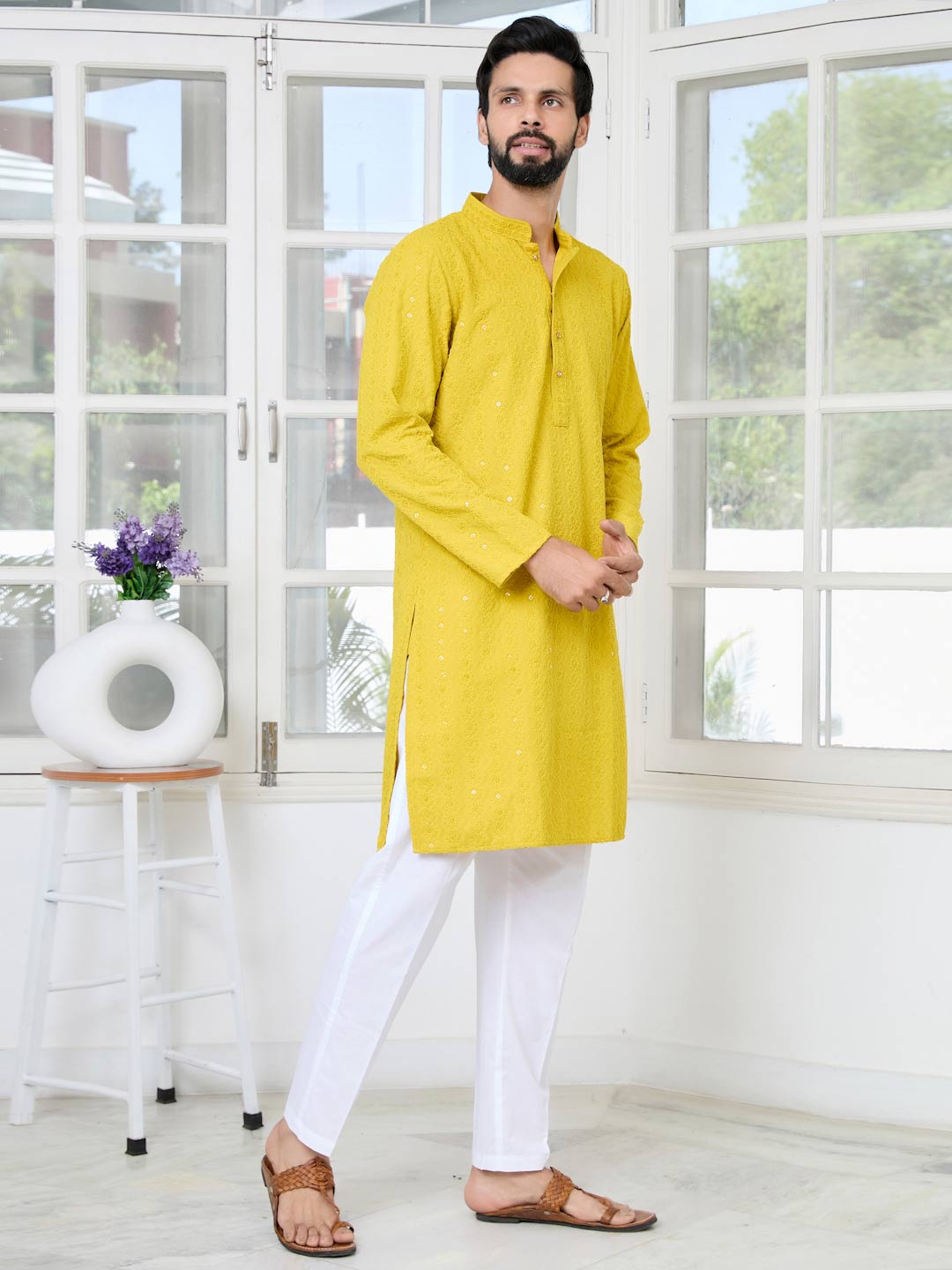 Yellow Embroidered Rayon Straight Kurta with Pyjama with Pyjama
