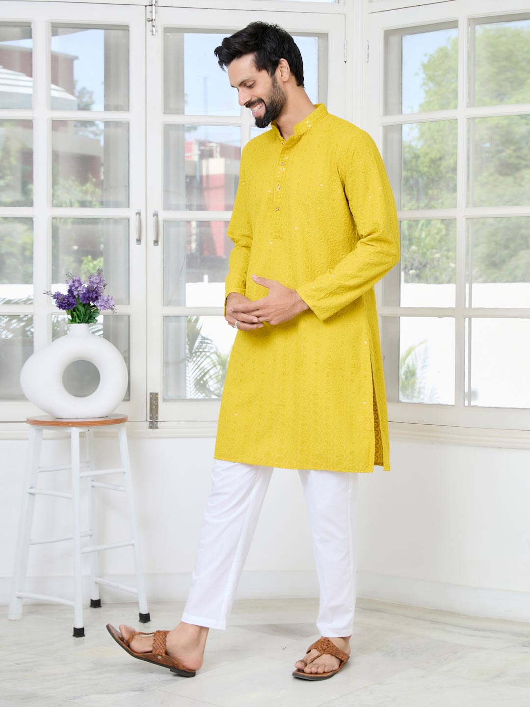 Yellow Embroidered Rayon Straight Kurta with Pyjama with Pyjama