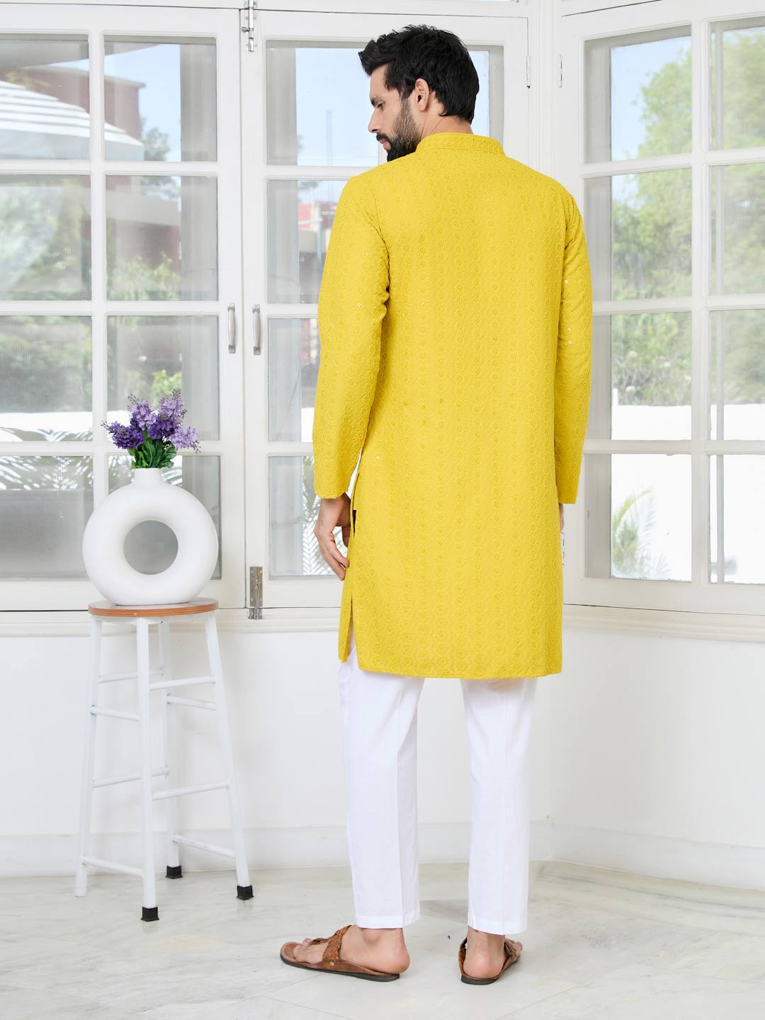 Yellow Embroidered Rayon Straight Kurta with Pyjama with Pyjama
