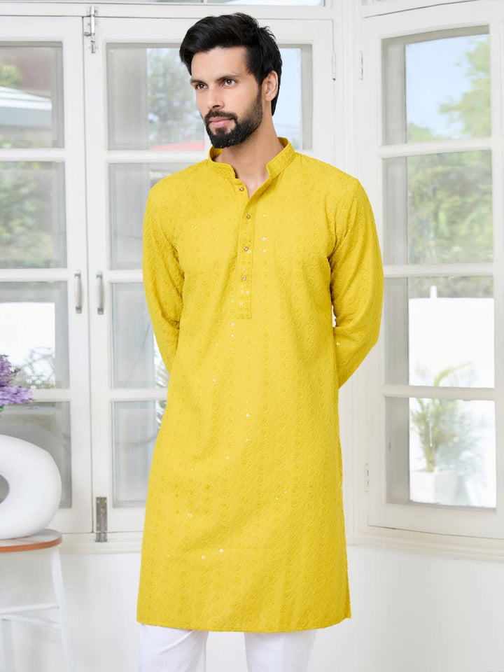 Yellow Embroidered Rayon Straight Kurta with Pyjama with Pyjama