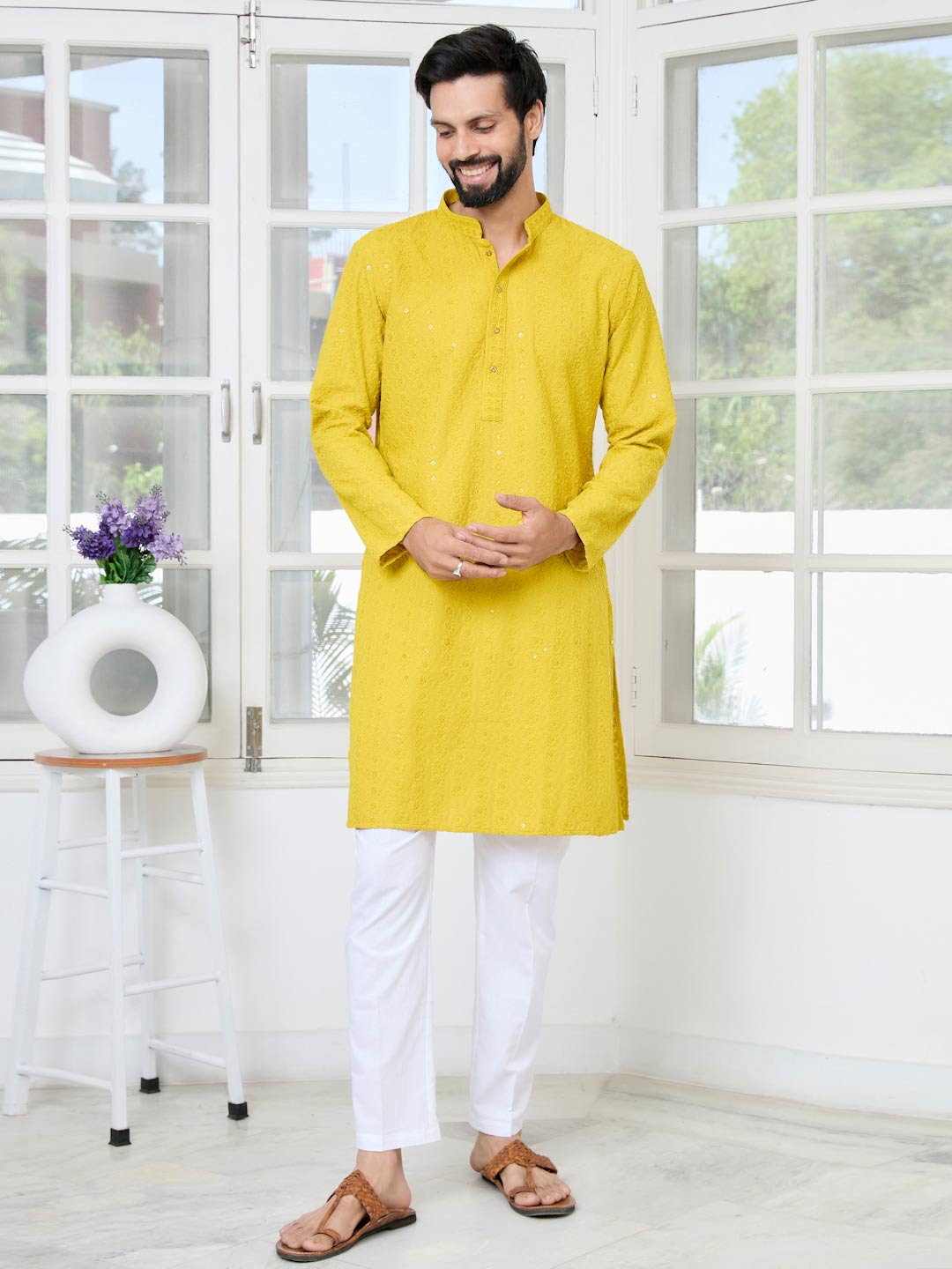 Yellow Embroidered Rayon Straight Kurta with Pyjama with Pyjama