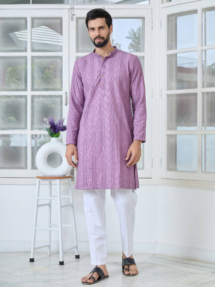 Purple Embroidered Rayon Straight Kurta with Pyjama with Pyjama
