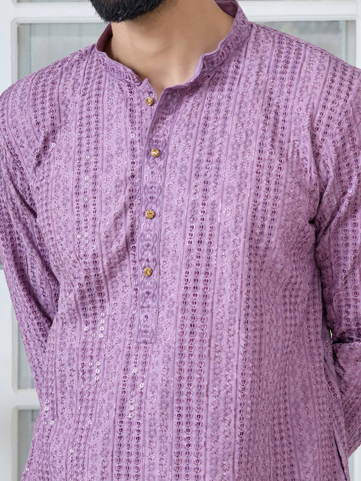 Purple Embroidered Rayon Straight Kurta with Pyjama with Pyjama