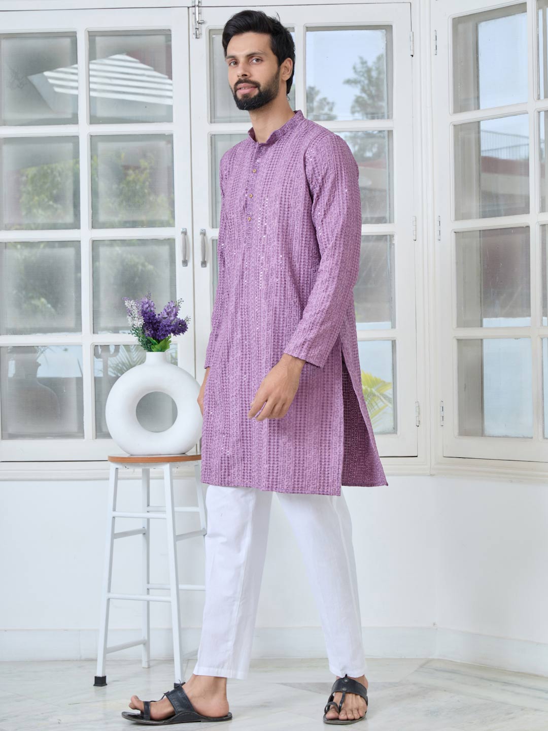 Purple Embroidered Rayon Straight Kurta with Pyjama with Pyjama
