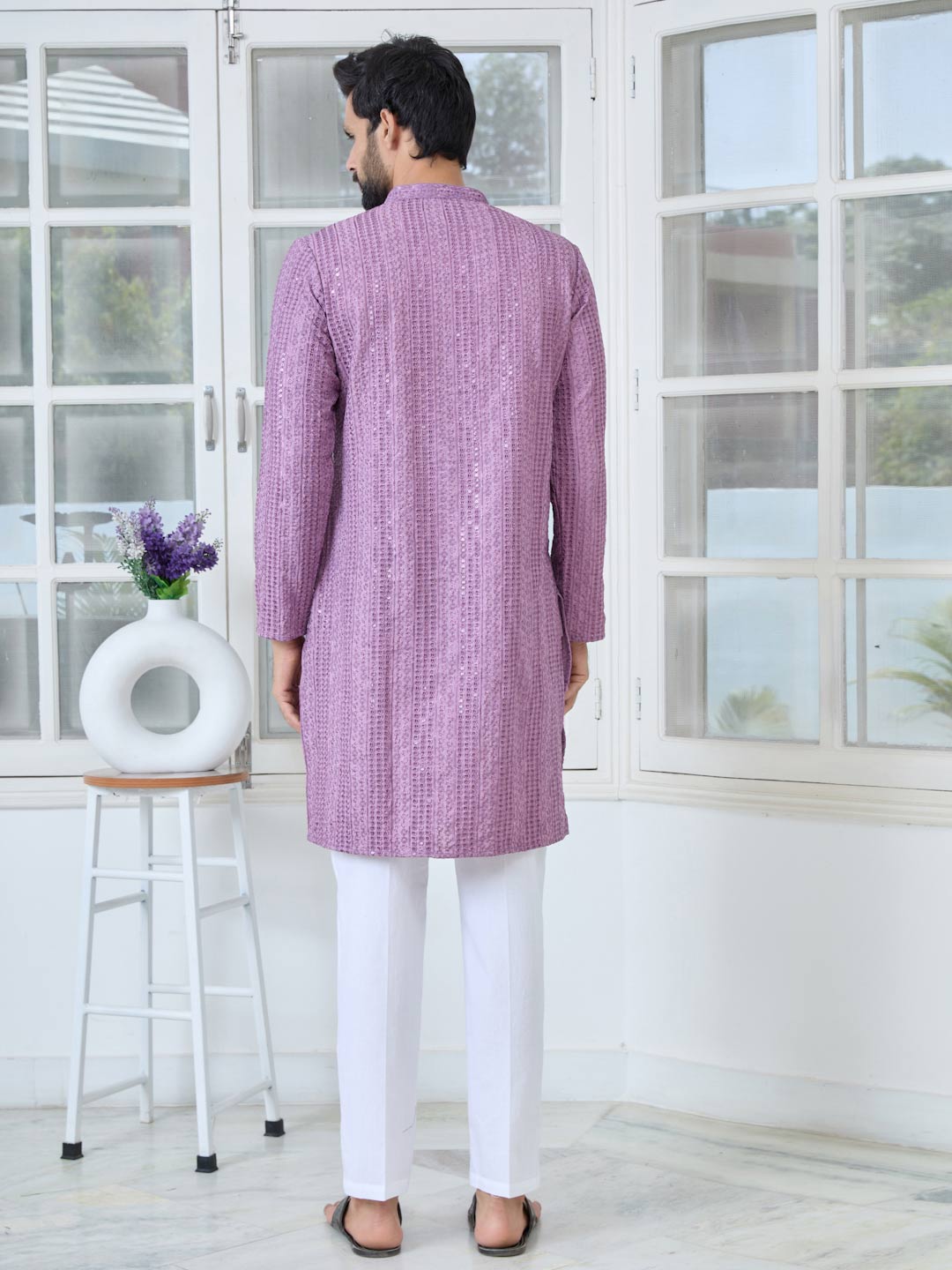 Purple Embroidered Rayon Straight Kurta with Pyjama with Pyjama