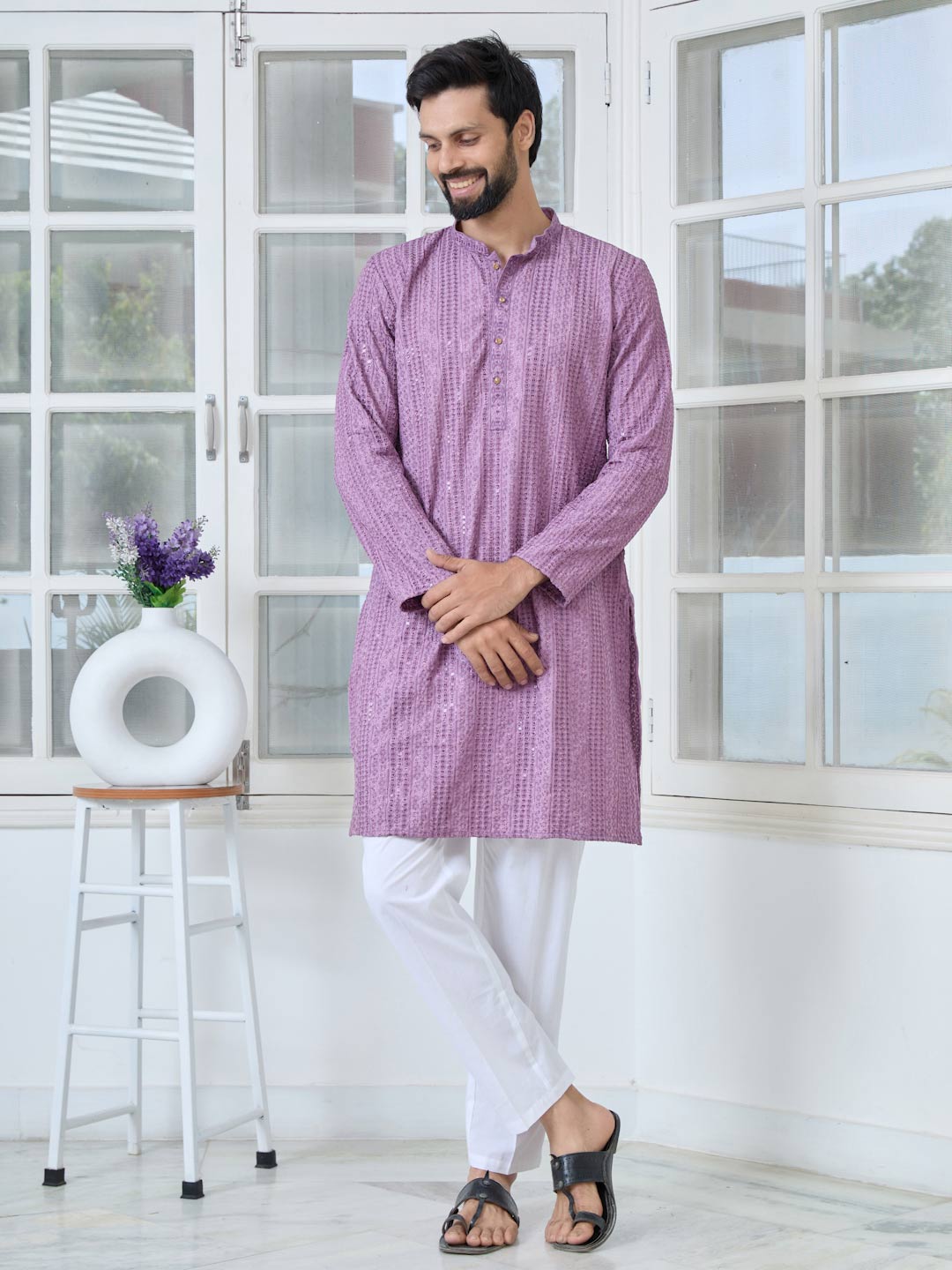 Purple Embroidered Rayon Straight Kurta with Pyjama with Pyjama