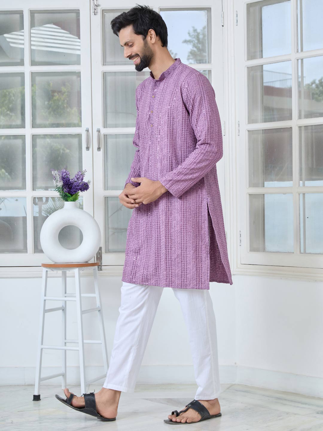 Purple Embroidered Rayon Straight Kurta with Pyjama with Pyjama
