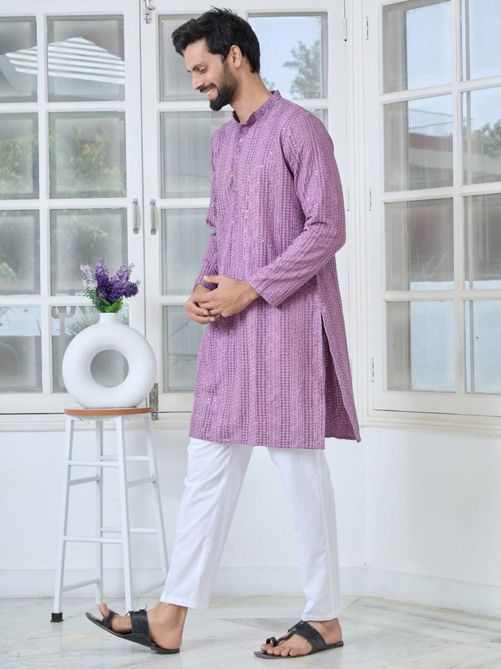 Purple Embroidered Rayon Straight Kurta with Pyjama with Pyjama