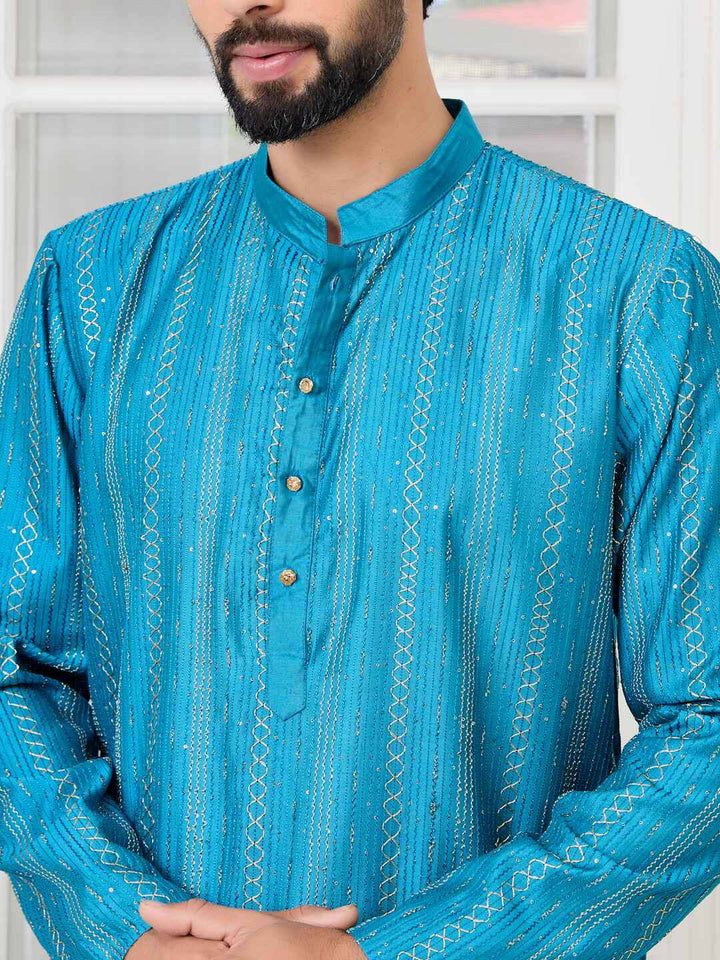 Blue Embroidered Chanderi Silk straight Kurta with Pyjama with Pyjama