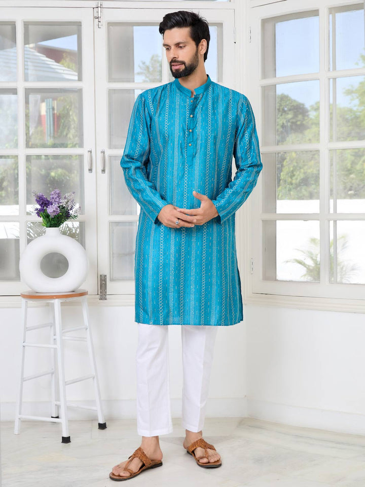 Blue Embroidered Chanderi Silk straight Kurta with Pyjama with Pyjama