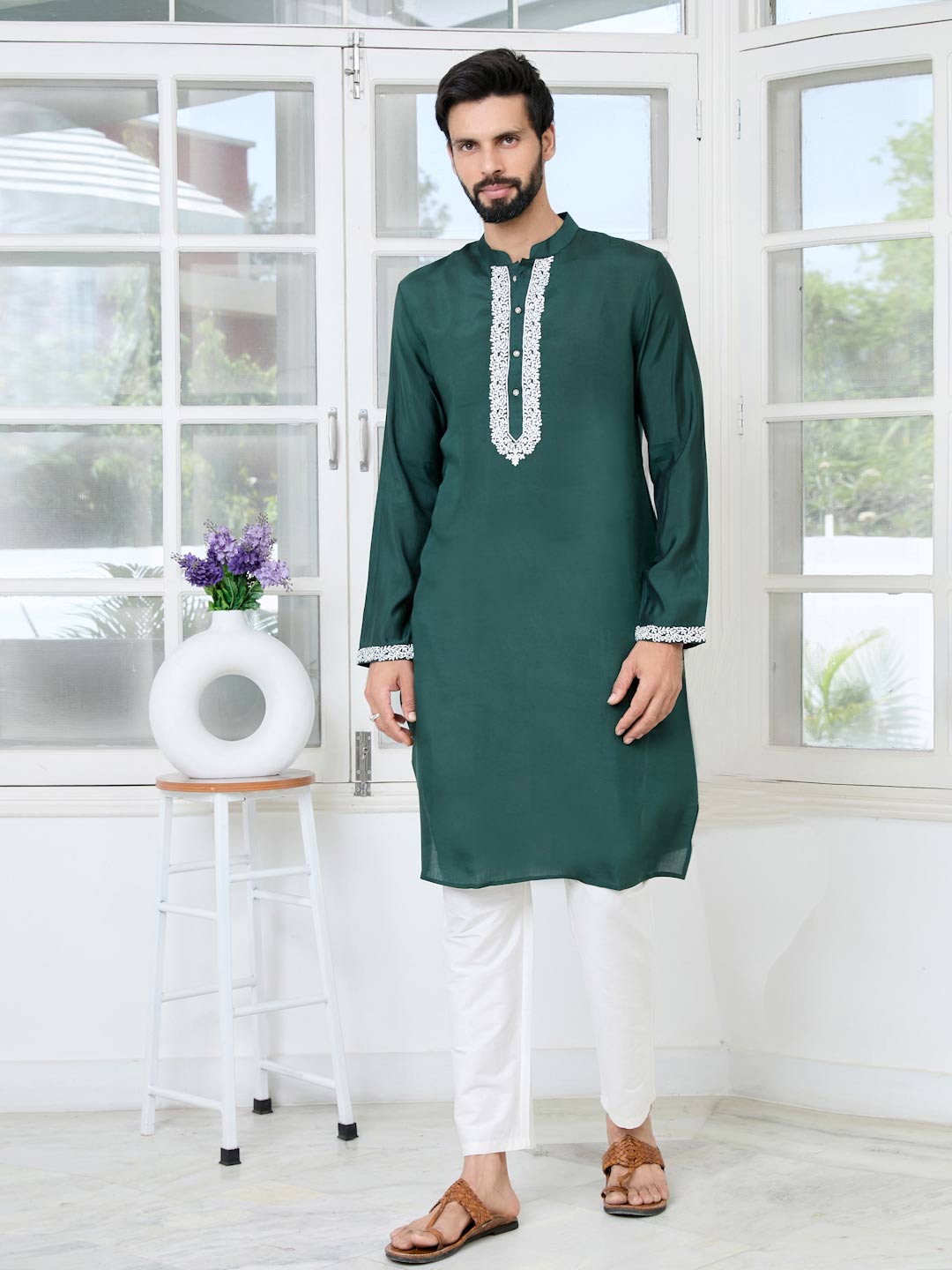 Green Floral Embroidered Mandarin Collar Thread Work Straight Kurta with Pyjama with Pyjama