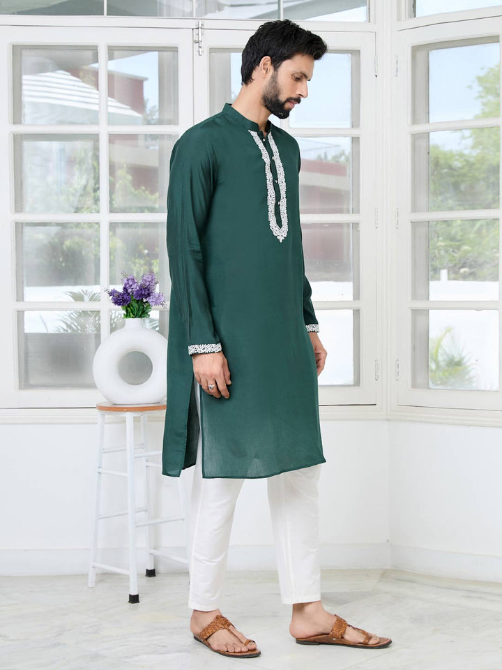 Green Floral Embroidered Mandarin Collar Thread Work Straight Kurta with Pyjama with Pyjama