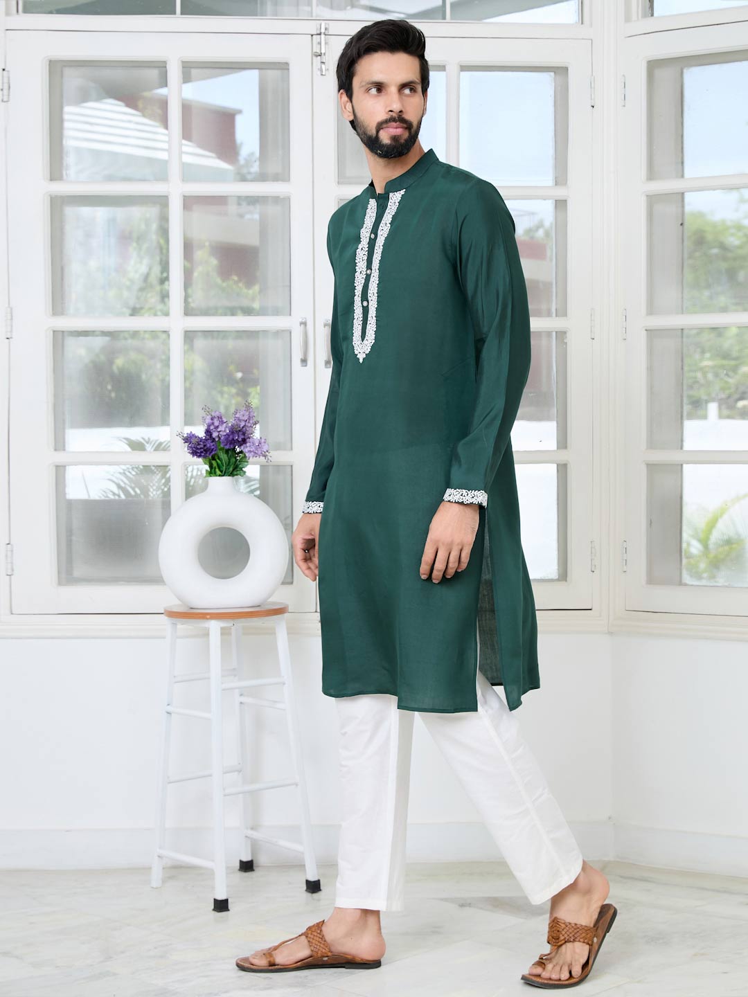 Green Floral Embroidered Mandarin Collar Thread Work Straight Kurta with Pyjama with Pyjama