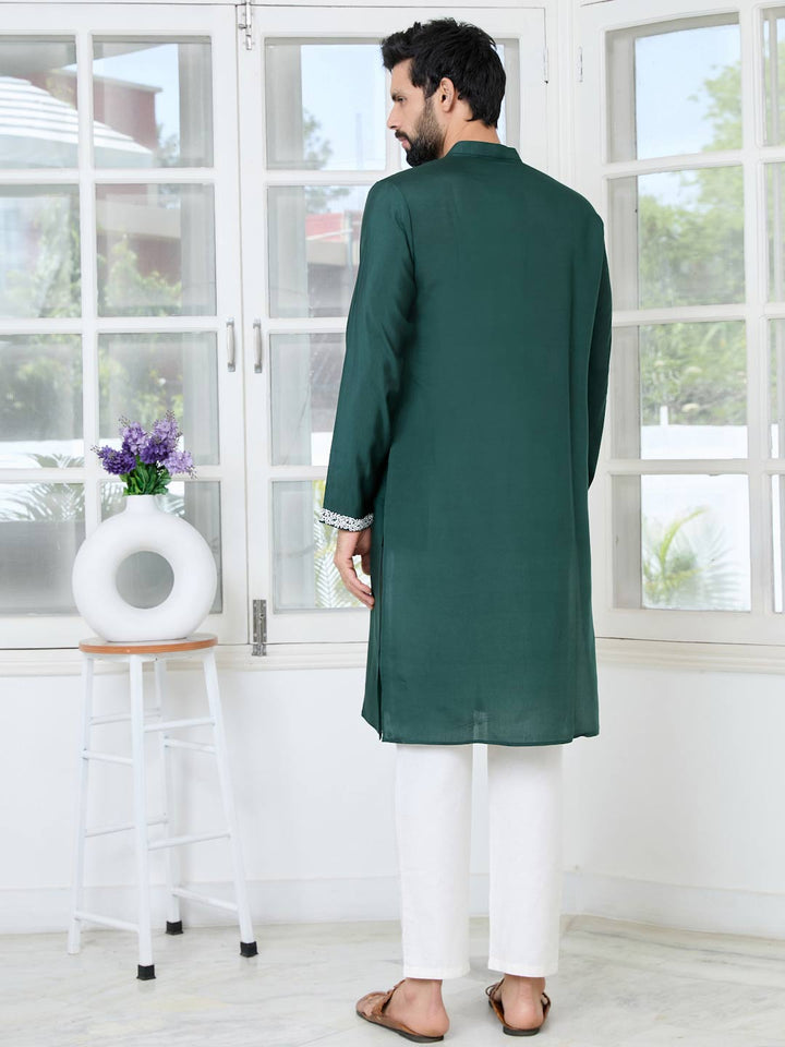 Green Floral Embroidered Mandarin Collar Thread Work Straight Kurta with Pyjama with Pyjama