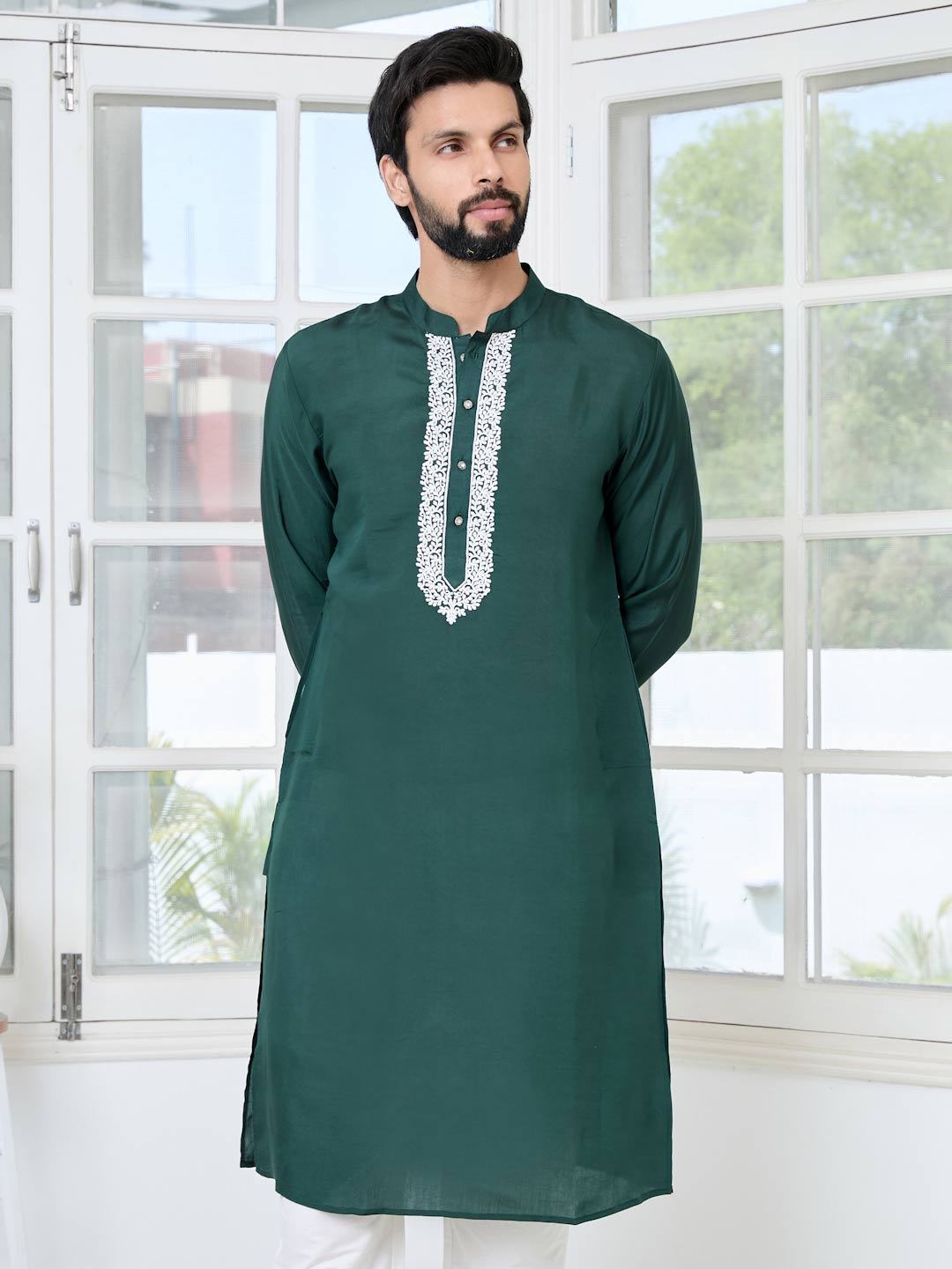 Green Floral Embroidered Mandarin Collar Thread Work Straight Kurta with Pyjama with Pyjama
