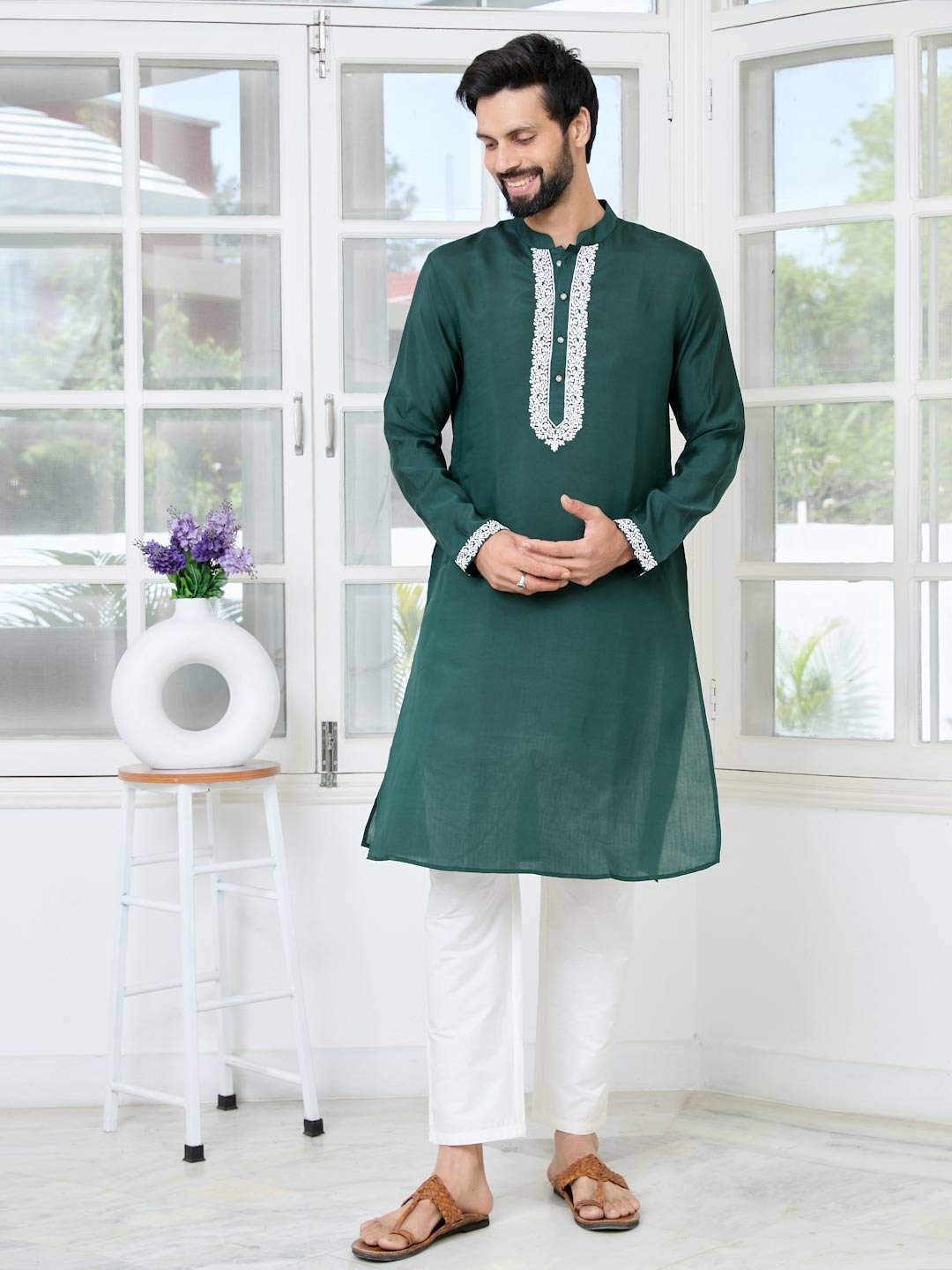 Green Floral Embroidered Mandarin Collar Thread Work Straight Kurta with Pyjama with Pyjama