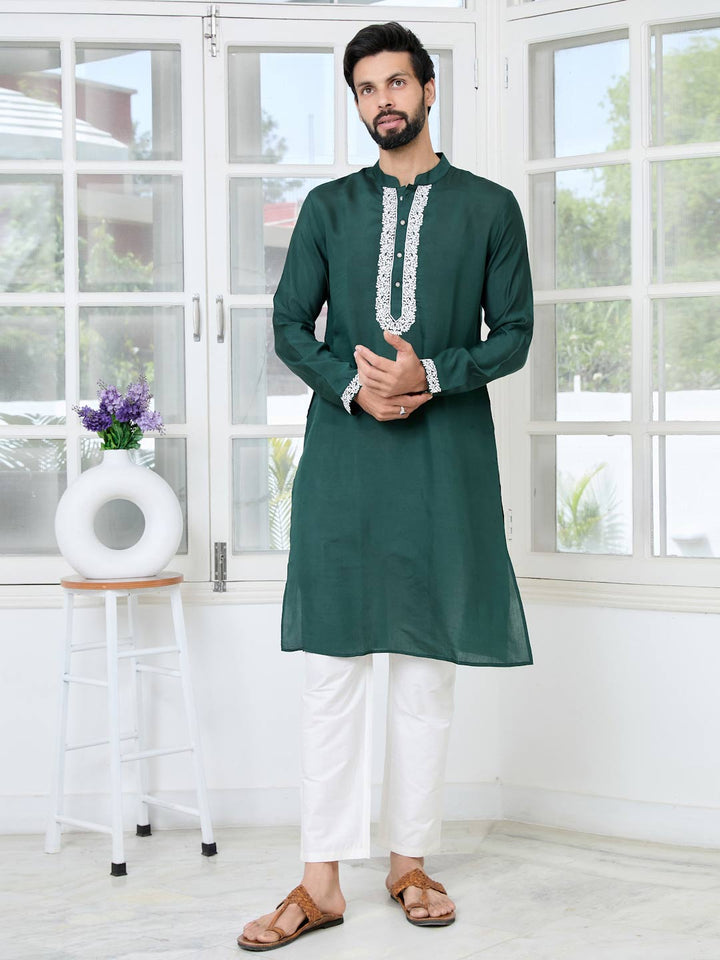 Green Floral Embroidered Mandarin Collar Thread Work Straight Kurta with Pyjama with Pyjama