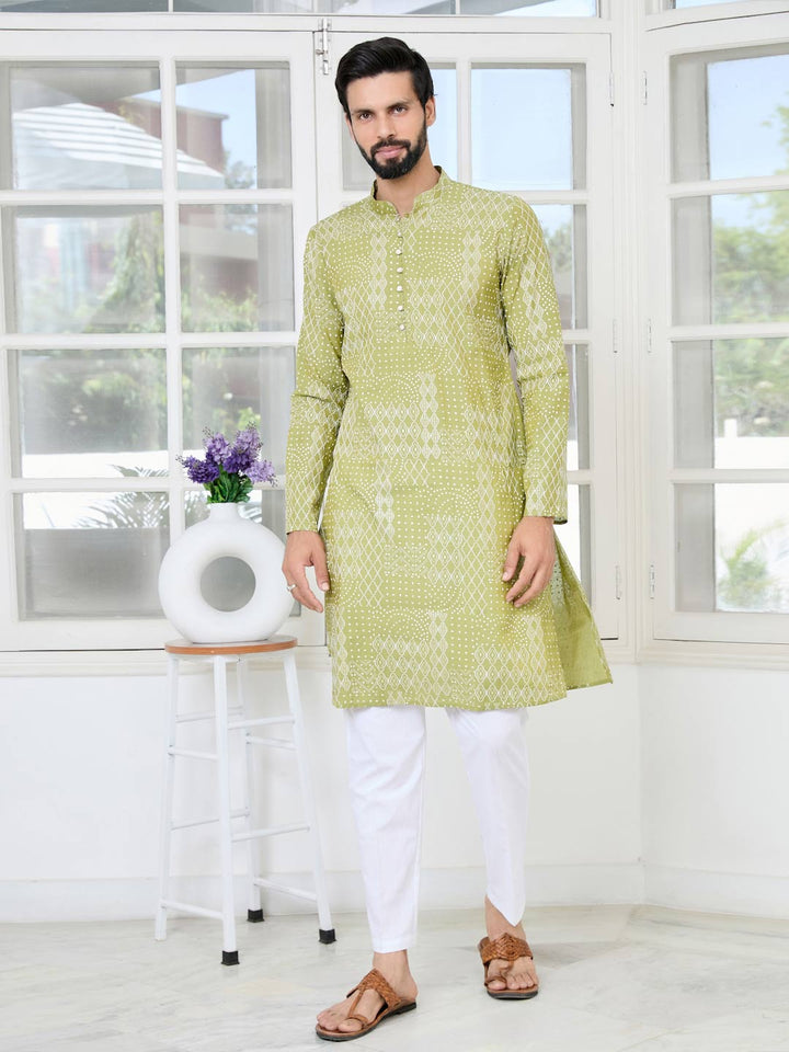 Green Embossed Printed and Foil Printed Straight Kurta with Pyjama with Pyjama