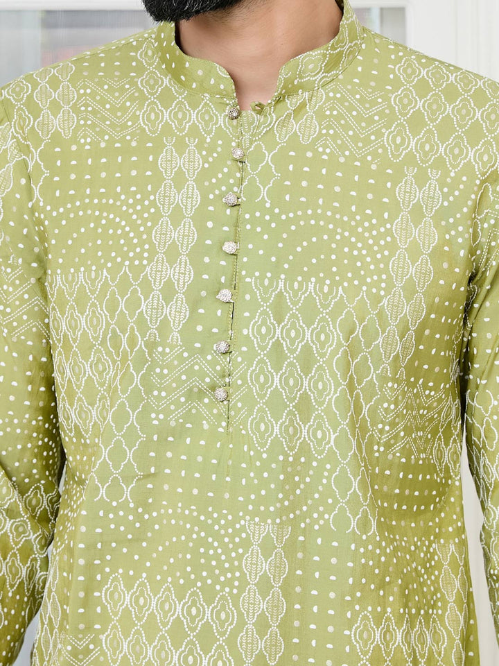 Green Embossed Printed and Foil Printed Straight Kurta with Pyjama with Pyjama