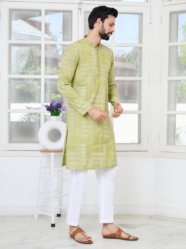 Green Embossed Printed and Foil Printed Straight Kurta with Pyjama with Pyjama