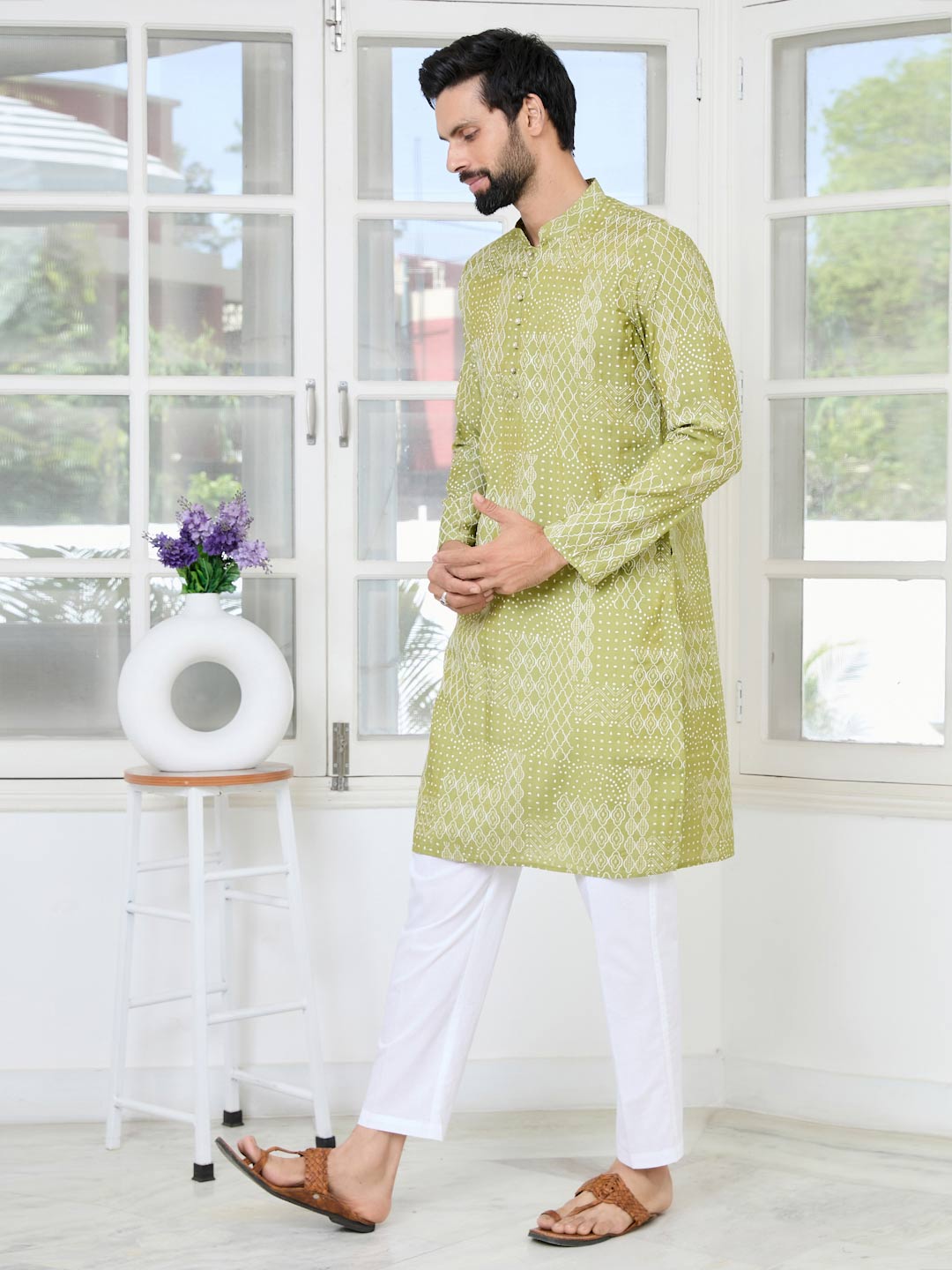 Green Embossed Printed and Foil Printed Straight Kurta with Pyjama with Pyjama