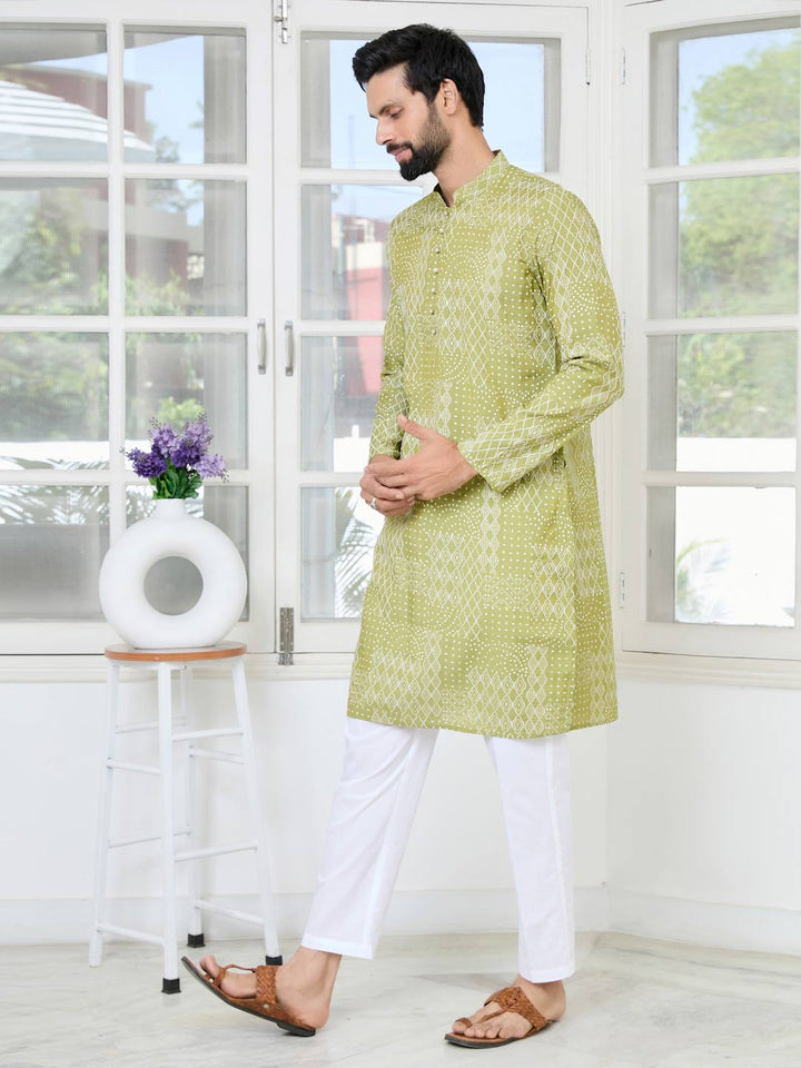 Green Embossed Printed and Foil Printed Straight Kurta with Pyjama with Pyjama