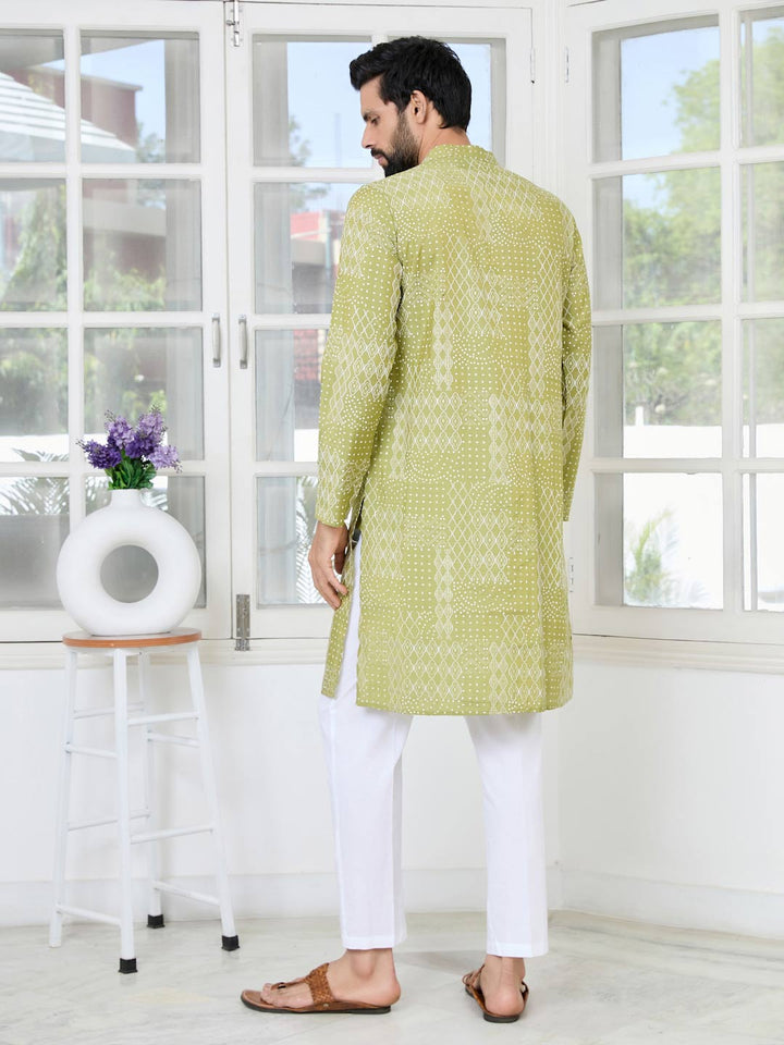 Green Embossed Printed and Foil Printed Straight Kurta with Pyjama with Pyjama