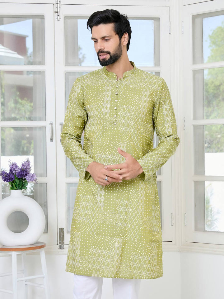 Green Embossed Printed and Foil Printed Straight Kurta with Pyjama with Pyjama