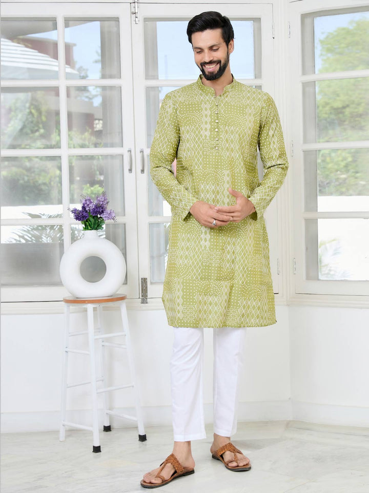 Green Embossed Printed and Foil Printed Straight Kurta with Pyjama with Pyjama
