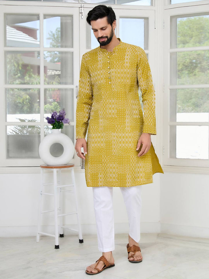 Mustard Embossed Printed and Foil Printed Straight Kurta with Pyjama with Pyjama