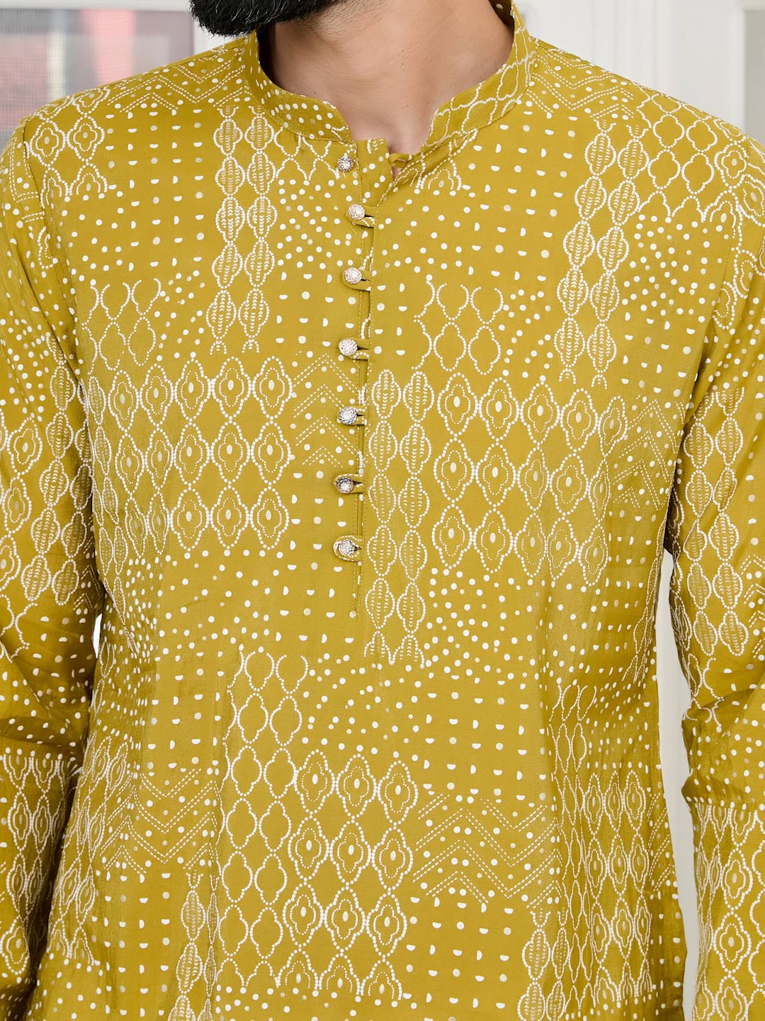Mustard Embossed Printed and Foil Printed Straight Kurta with Pyjama with Pyjama