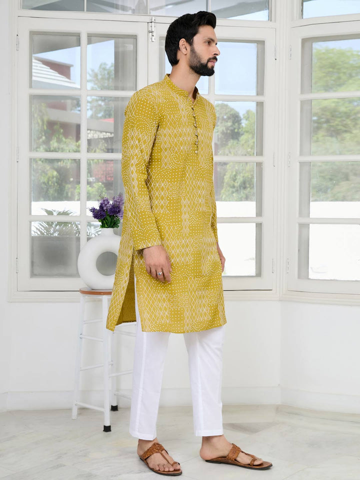 Mustard Embossed Printed and Foil Printed Straight Kurta with Pyjama with Pyjama