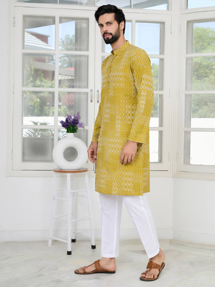 Mustard Embossed Printed and Foil Printed Straight Kurta with Pyjama with Pyjama