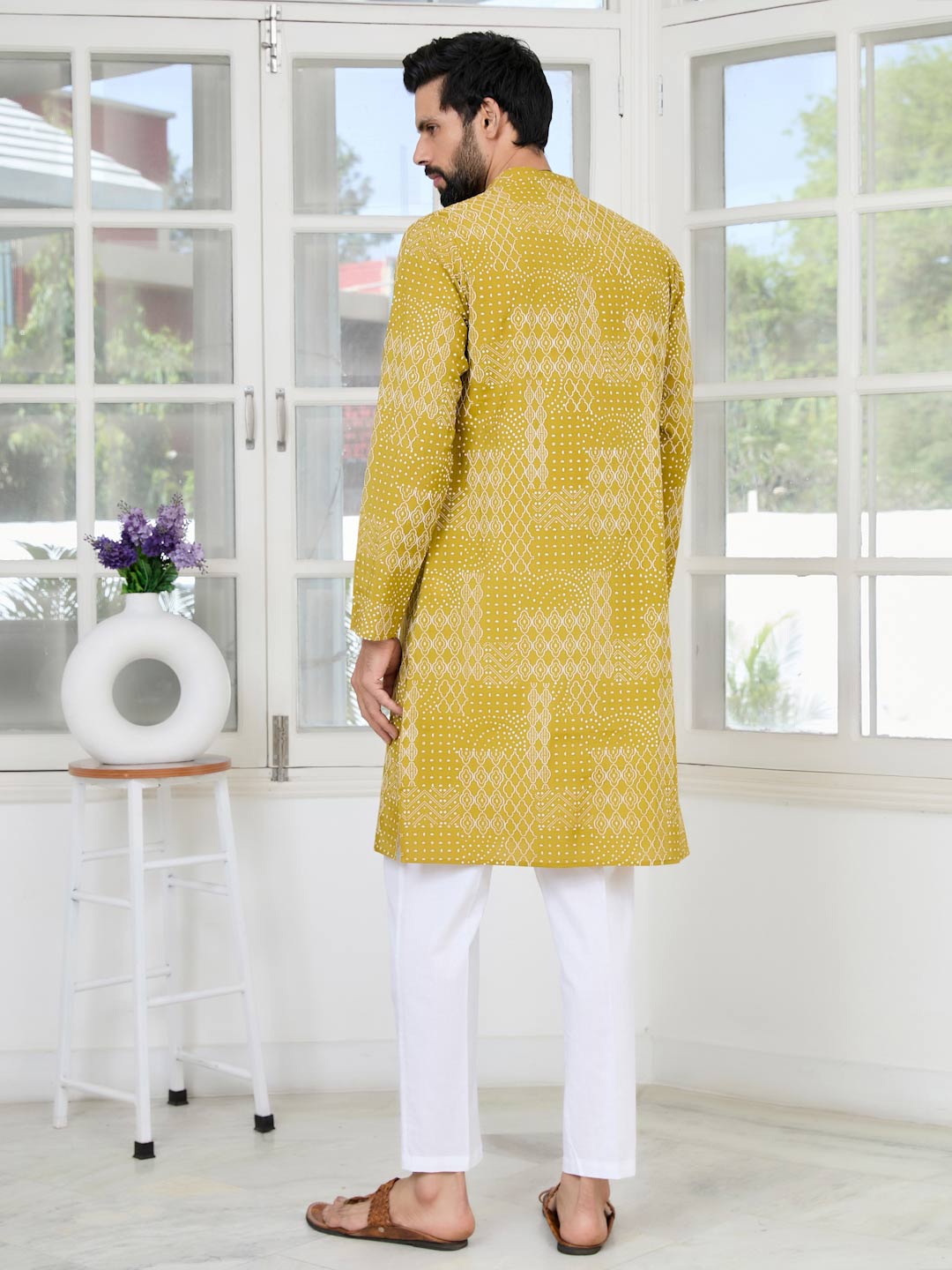 Mustard Embossed Printed and Foil Printed Straight Kurta with Pyjama with Pyjama