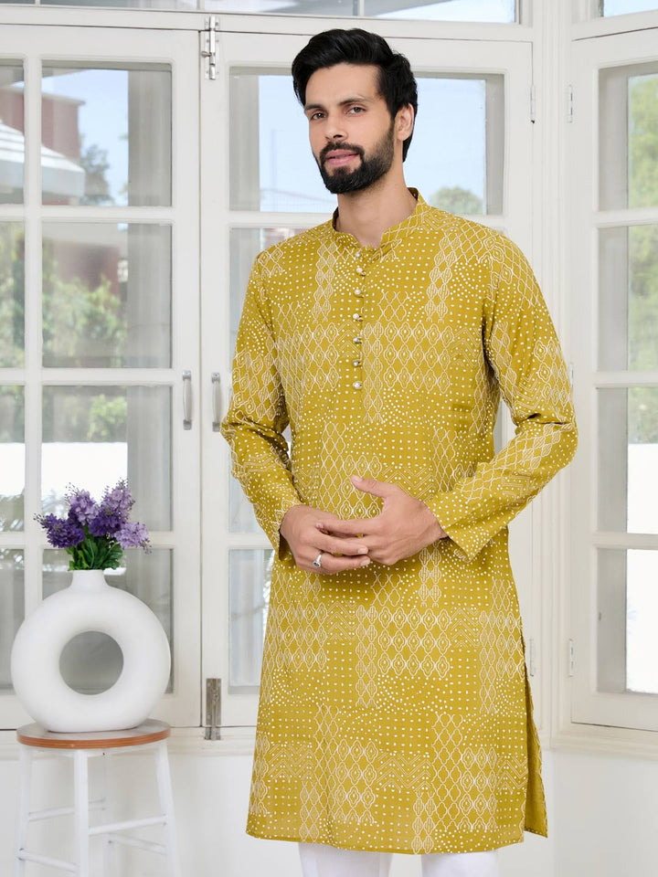 Mustard Embossed Printed and Foil Printed Straight Kurta with Pyjama with Pyjama