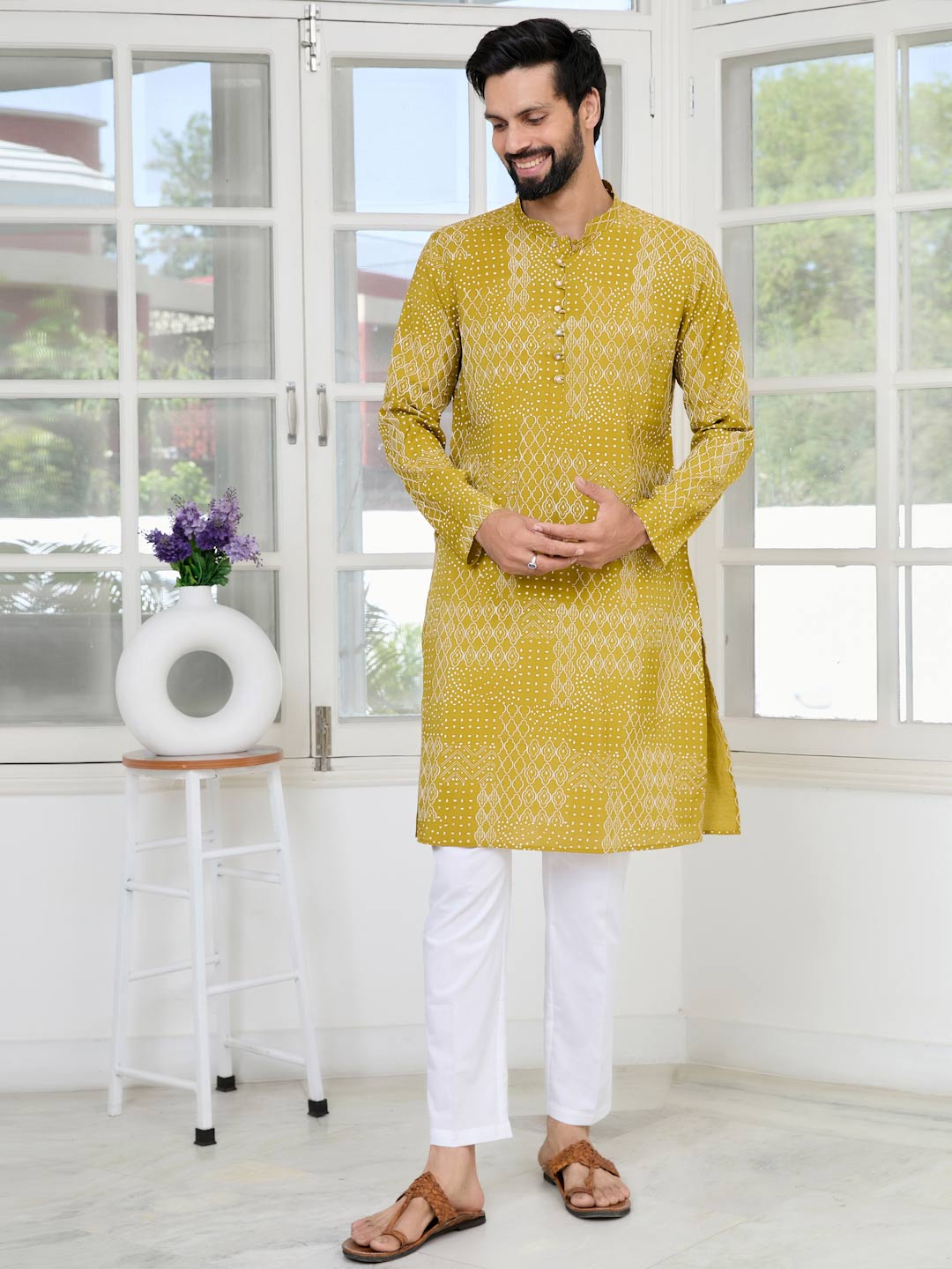 Mustard Embossed Printed and Foil Printed Straight Kurta with Pyjama with Pyjama