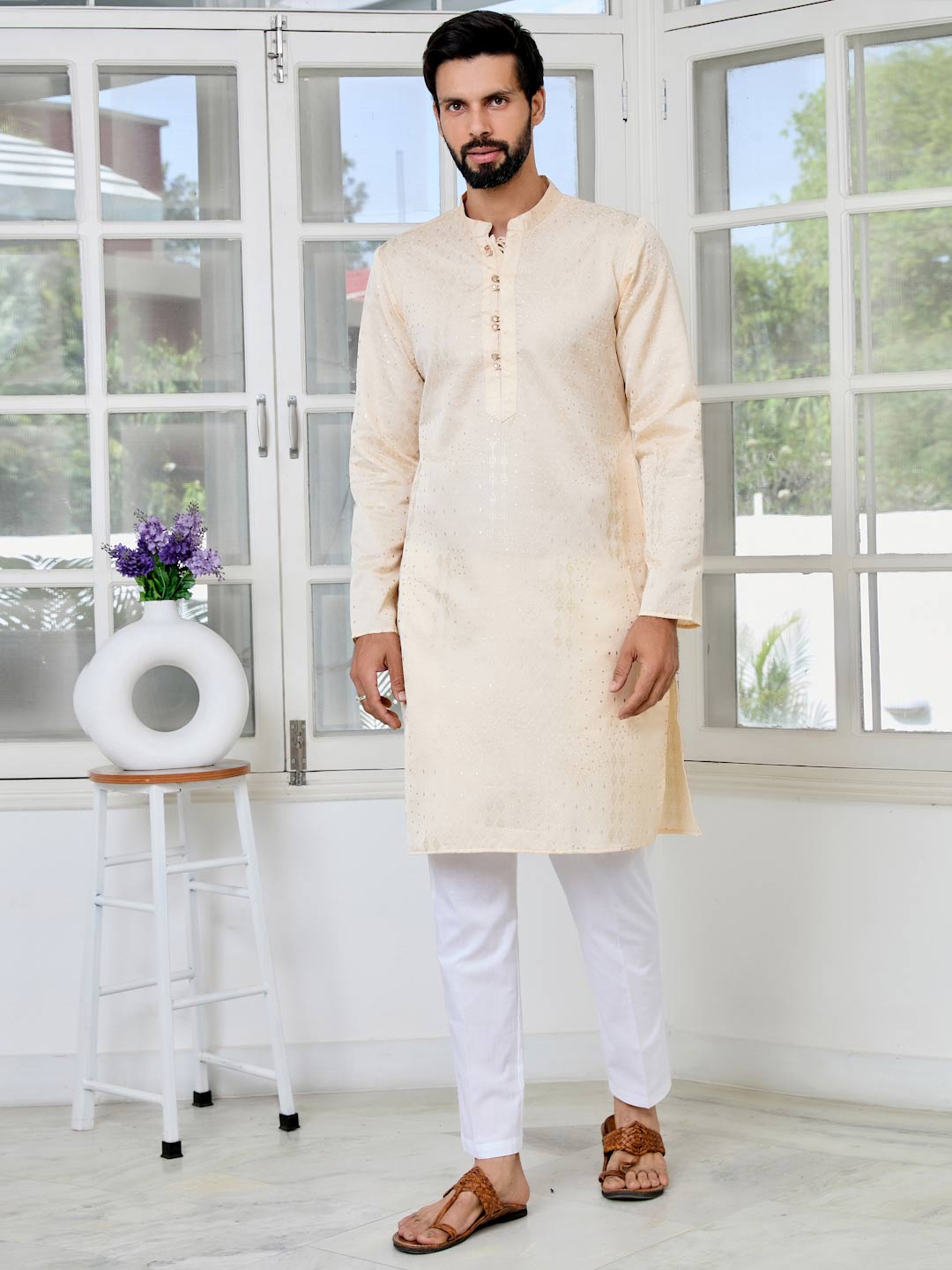 Beige Embossed Printed and Foil Printed Straight Kurta with Pyjama with Pyjama