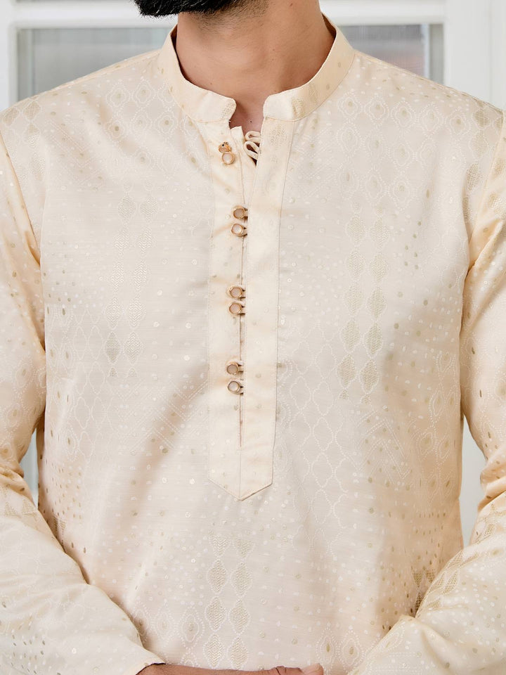 Beige Embossed Printed and Foil Printed Straight Kurta with Pyjama with Pyjama