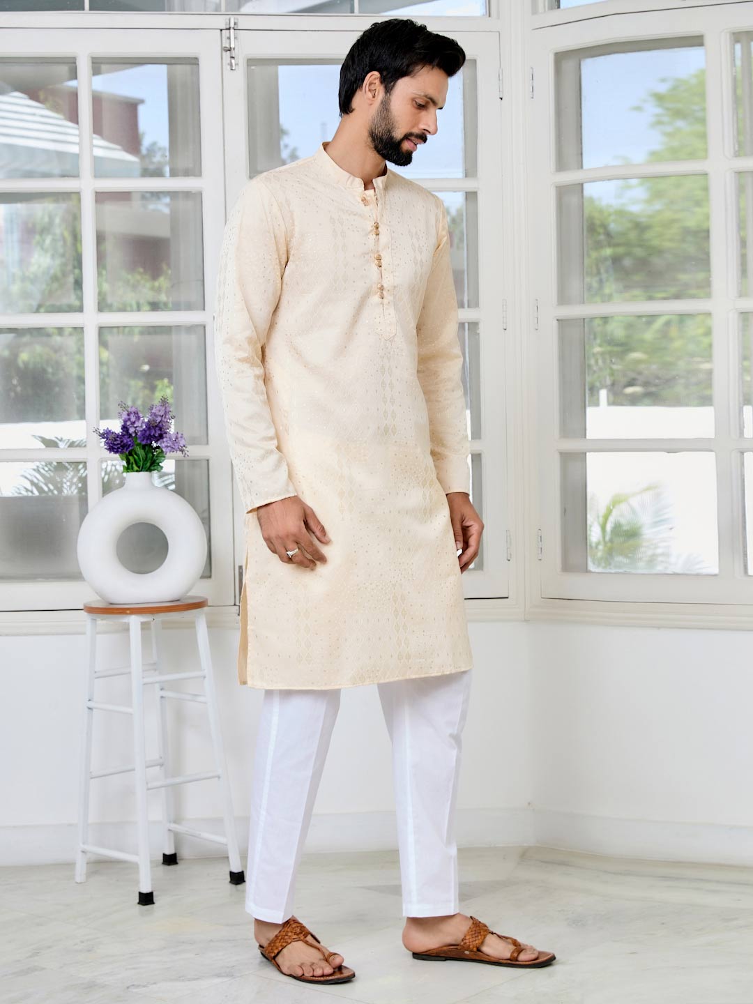 Beige Embossed Printed and Foil Printed Straight Kurta with Pyjama with Pyjama