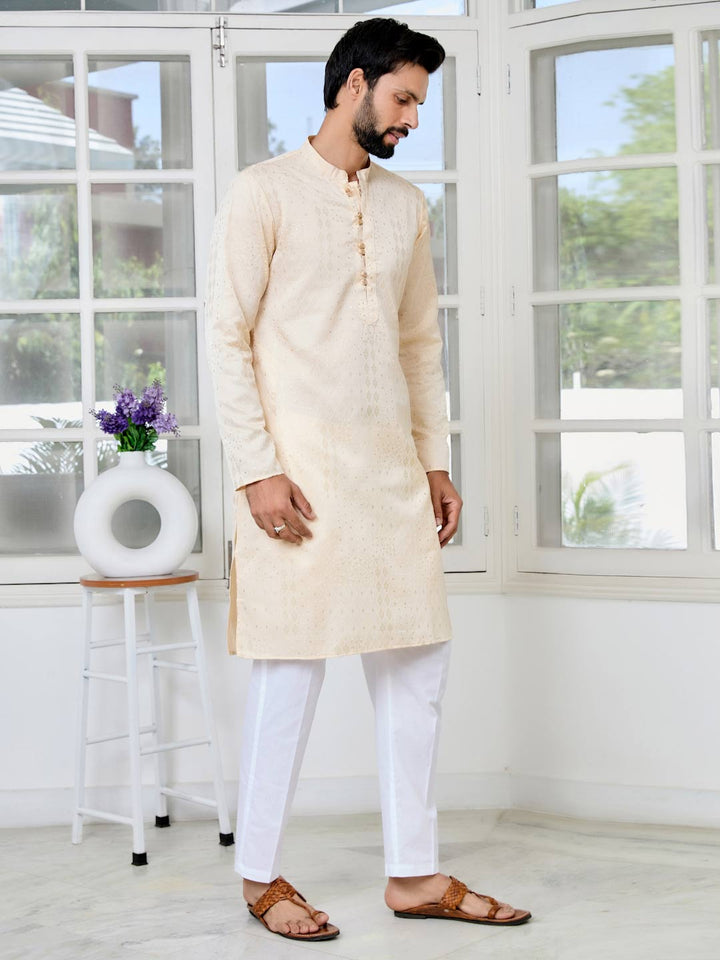 Beige Embossed Printed and Foil Printed Straight Kurta with Pyjama with Pyjama