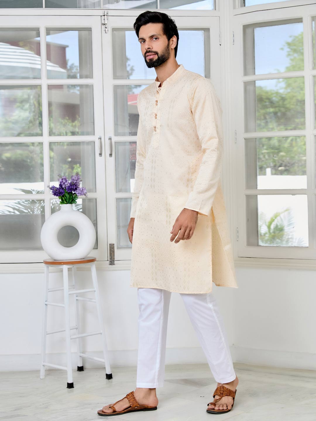 Beige Embossed Printed and Foil Printed Straight Kurta with Pyjama with Pyjama