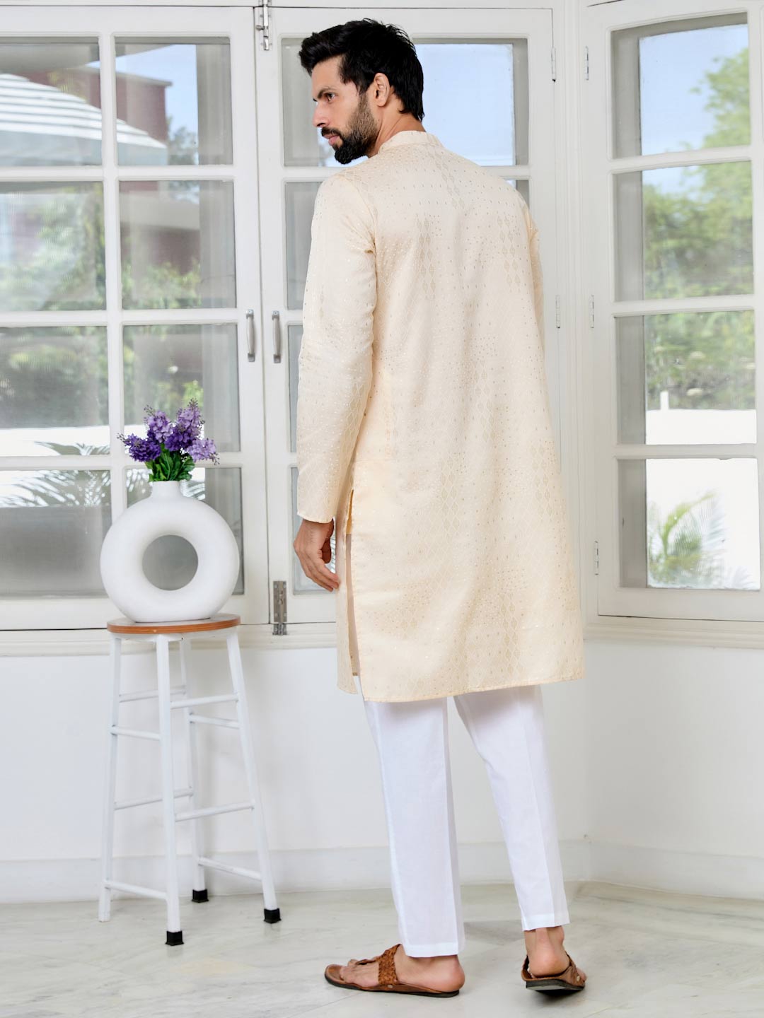 Beige Embossed Printed and Foil Printed Straight Kurta with Pyjama with Pyjama