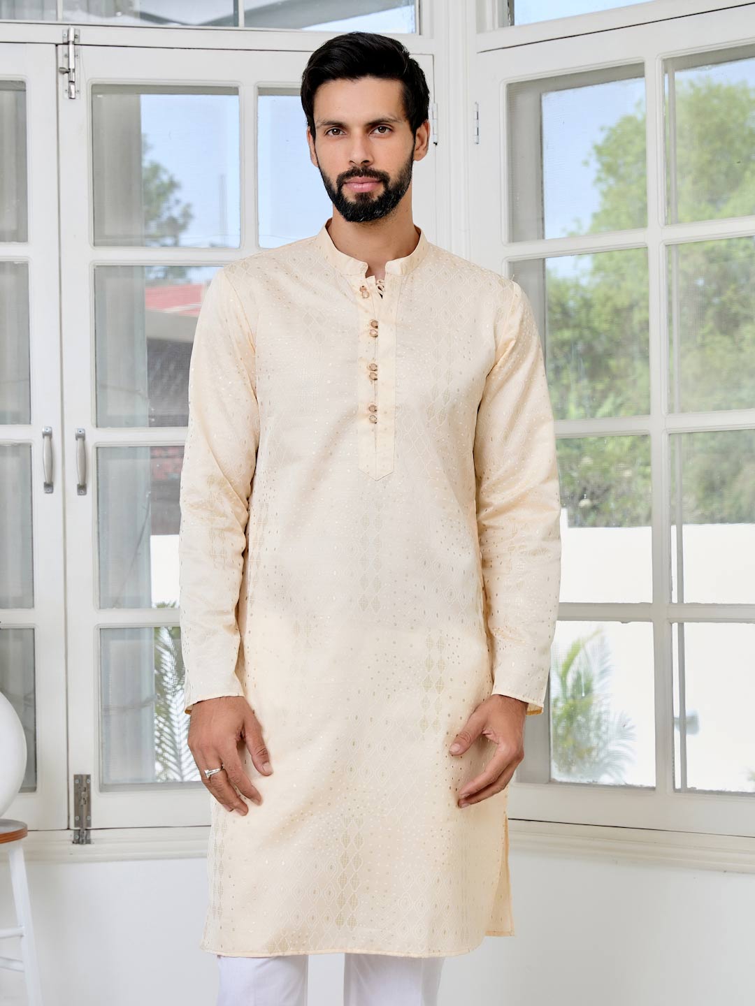 Beige Embossed Printed and Foil Printed Straight Kurta with Pyjama with Pyjama