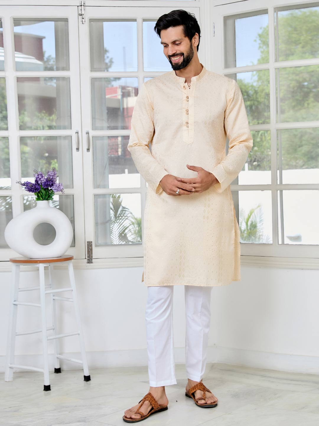 Beige Embossed Printed and Foil Printed Straight Kurta with Pyjama with Pyjama