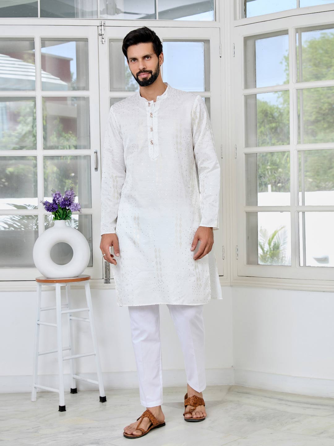 Off-White Embossed Printed and Foil Printed Straight Kurta with Pyjama with Pyjama